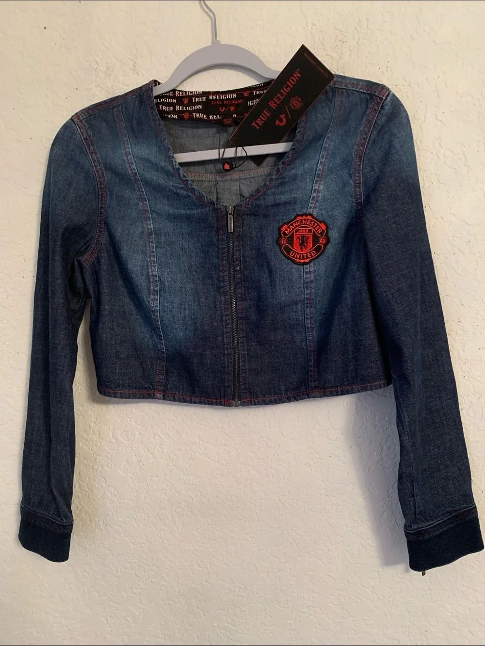 NWT True Religion Blue Denim Cropped Blazer with Red Patch Size XS